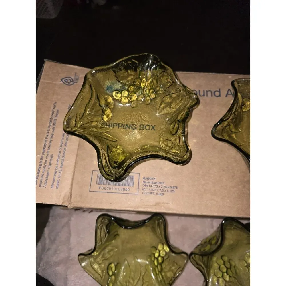 Rare Hazel Atlas Fruits Green Glass Bowls Set 5 Grapes Pears Vintage MCM USA